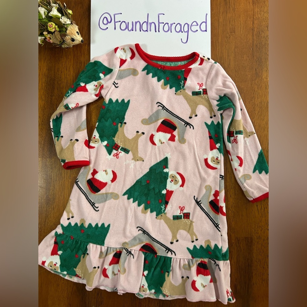 Pink Fleece Santa & Reindeer Ruffle Nightgown – 3T Holiday Pajamas | Carter’s